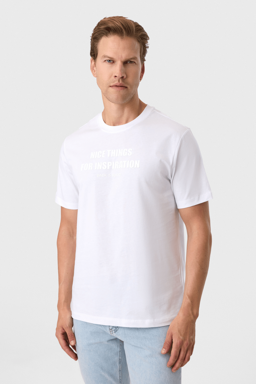 Relaxed Fit Baskılı Beyaz Bisiklet Yaka Tişört