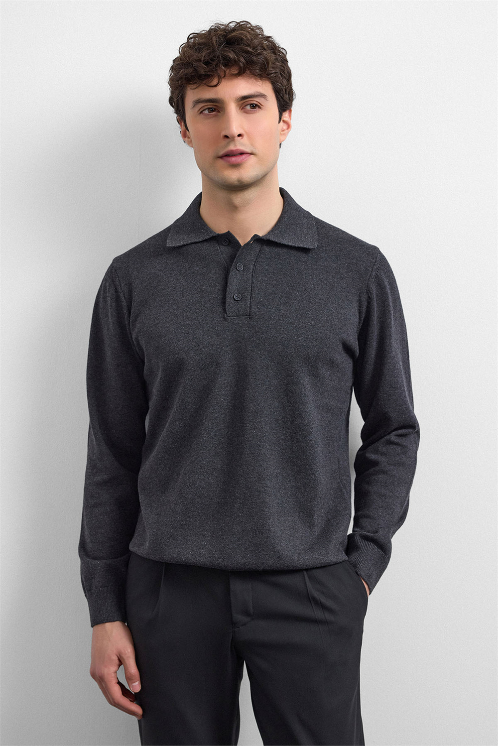 Antrasit Relaxed Fit Polo Yaka Triko Kazak