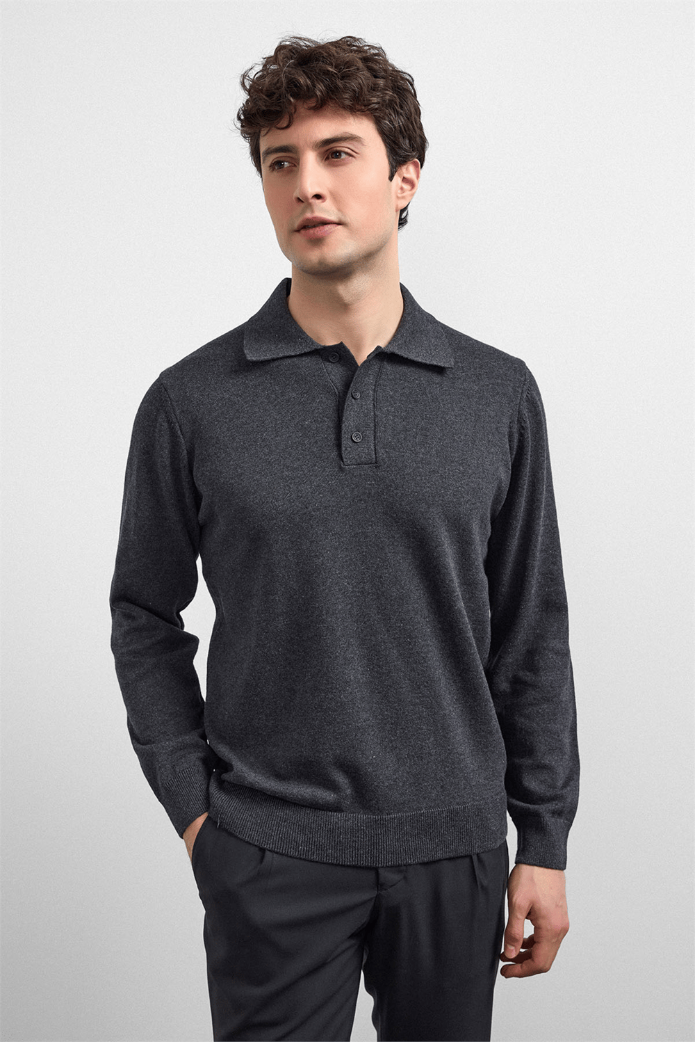 Antrasit Relaxed Fit Polo Yaka Triko Kazak