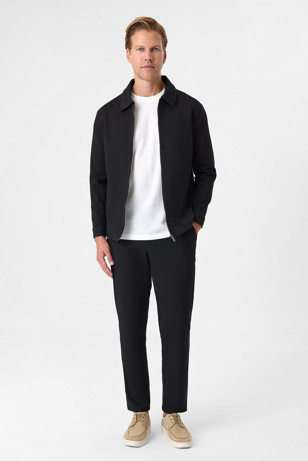 Siyah Regular Fit Fermuarlı Diagonel Mont