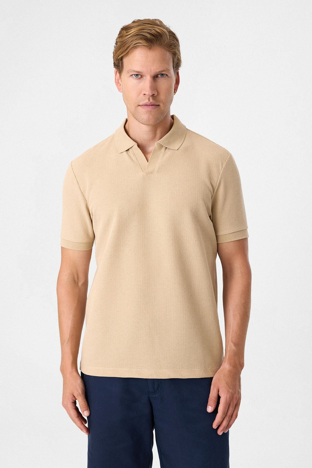 V PATLI POLO YAKA WAFFLE T-SHIRT