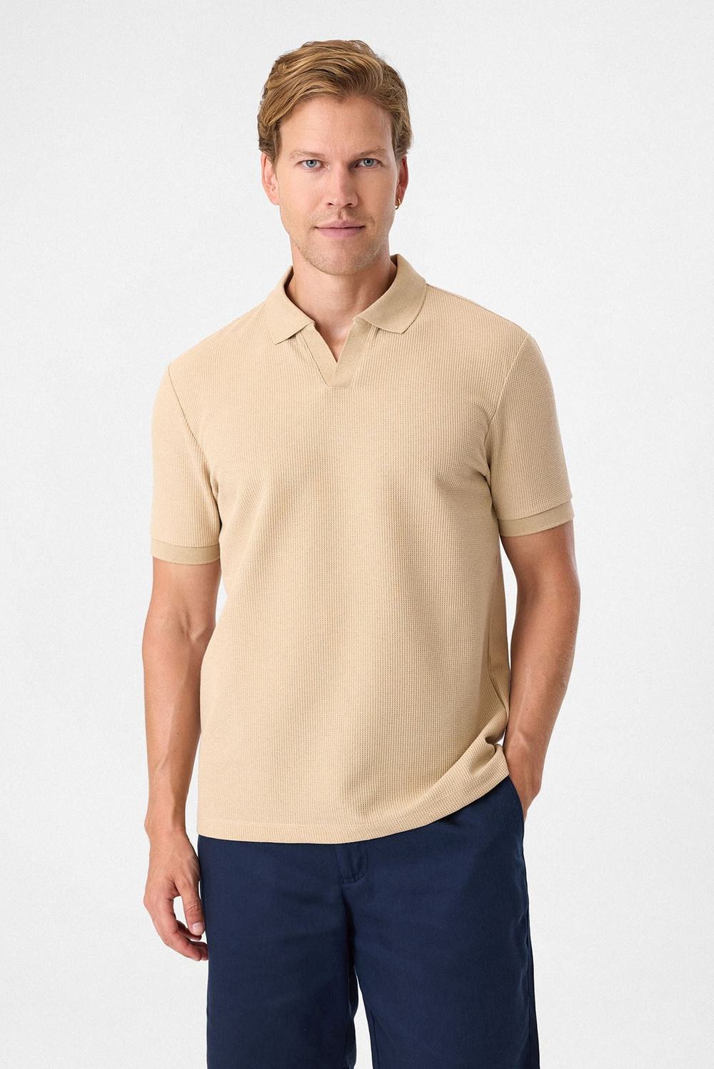 V PATLI POLO YAKA WAFFLE T-SHIRT