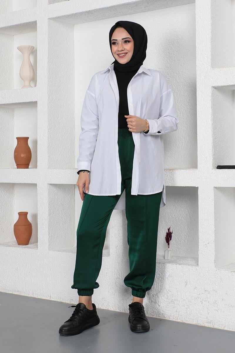 Beli Ve Paçası Lastikli Pantolon Zümrüt