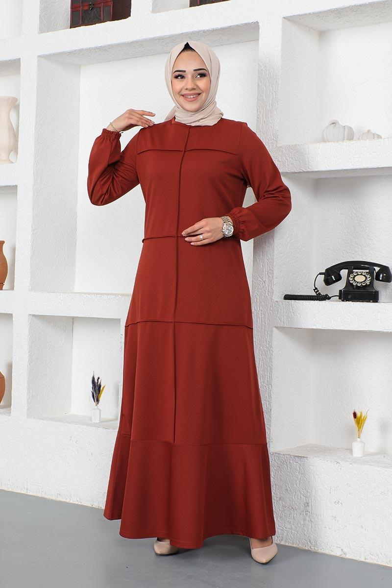 Dikiş Detaylı Elbise Kiremit