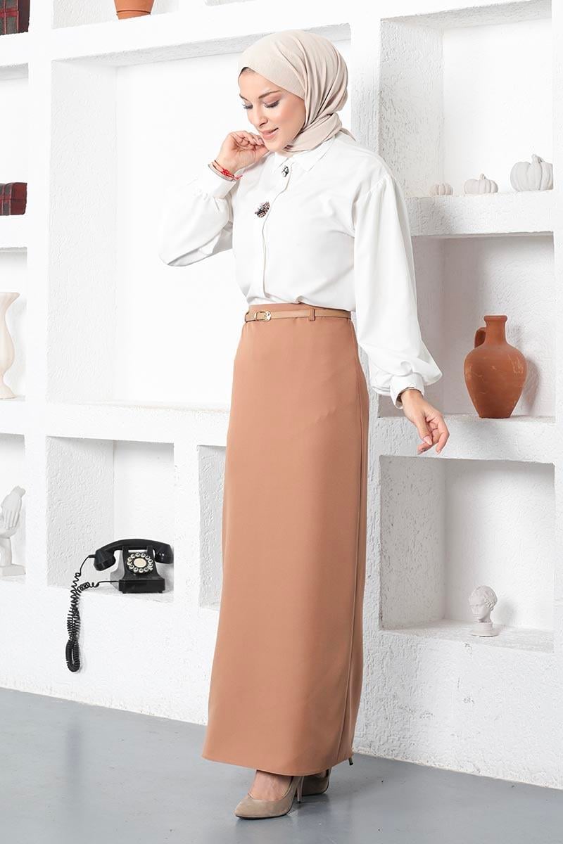Kemerli Kalem Etek Camel