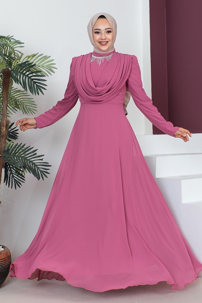 Kolyeli Tesettür Abiye Pembe