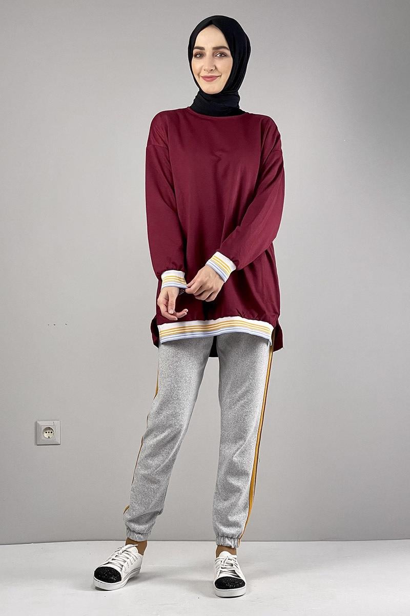 Ribana Çizgili Sweat Bordo