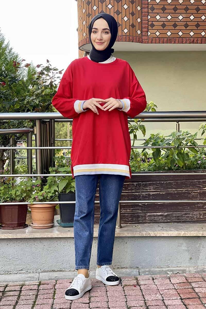 Ribana Çizgili Sweat Kırmızı