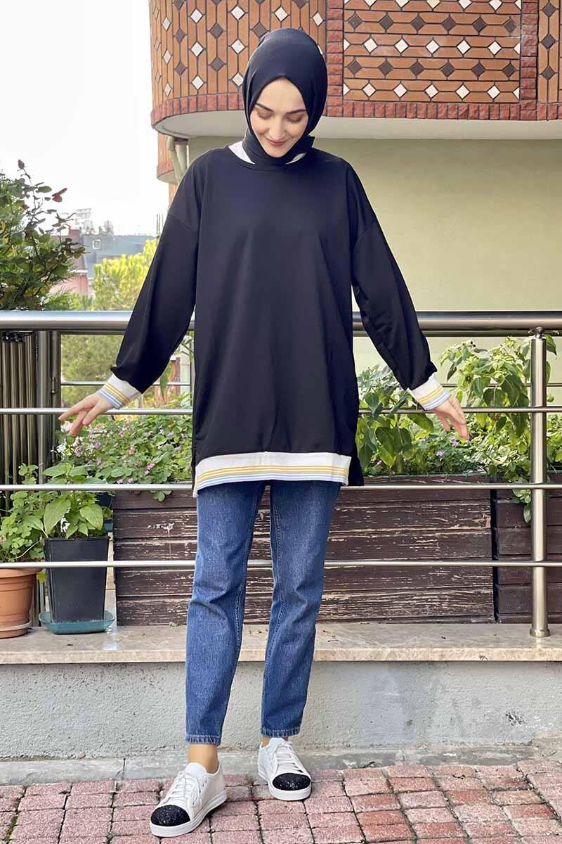 Ribana Çizgili Sweat Siyah
