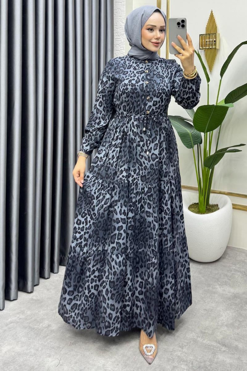 Beli Tünelli Leopar Elbise GRİ