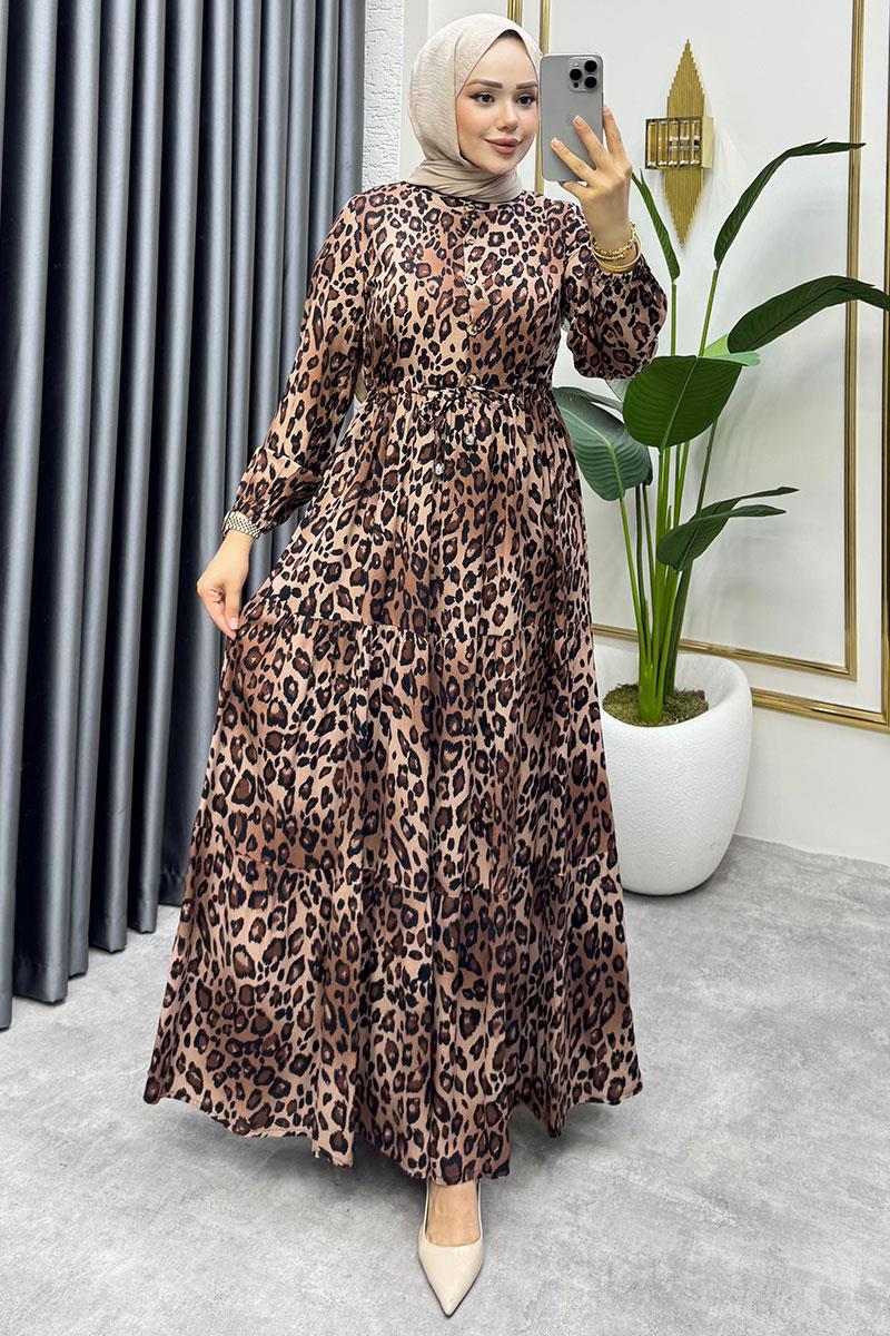 Beli Tünelli Leopar Elbise KAHVERENGİ