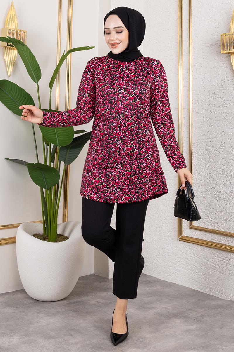 Desenli Tesettür Tunik  BORDO