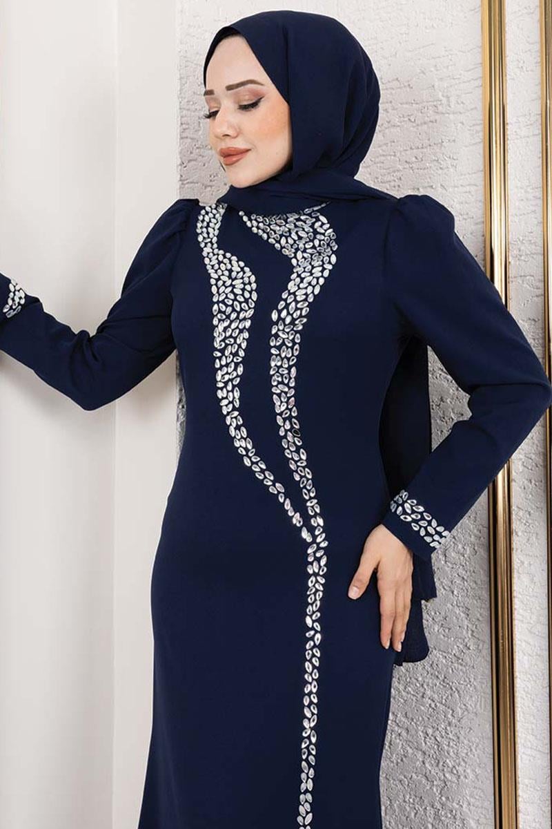 Kolları ve Önü Taş Detaylı Krep Abiye LACİVERT