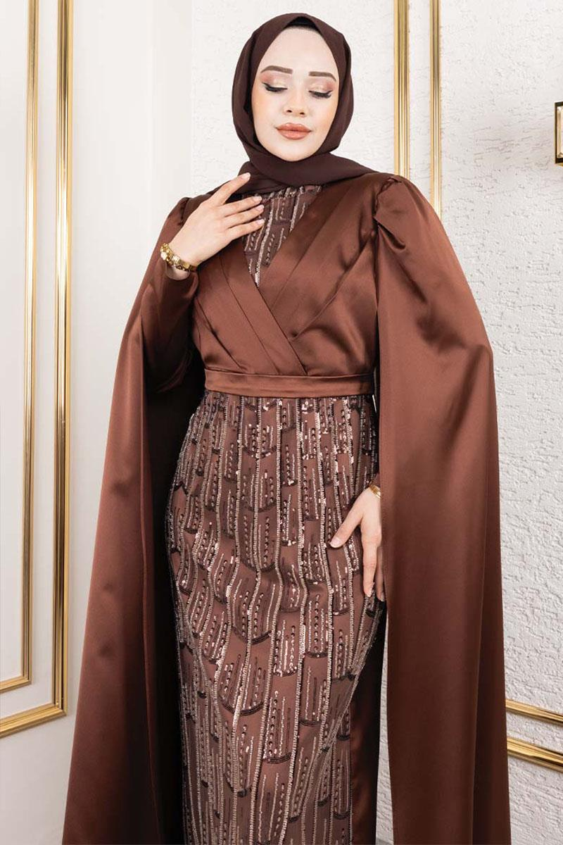 Önü Drape Detaylı Saten Abiye KAHVERENGİ