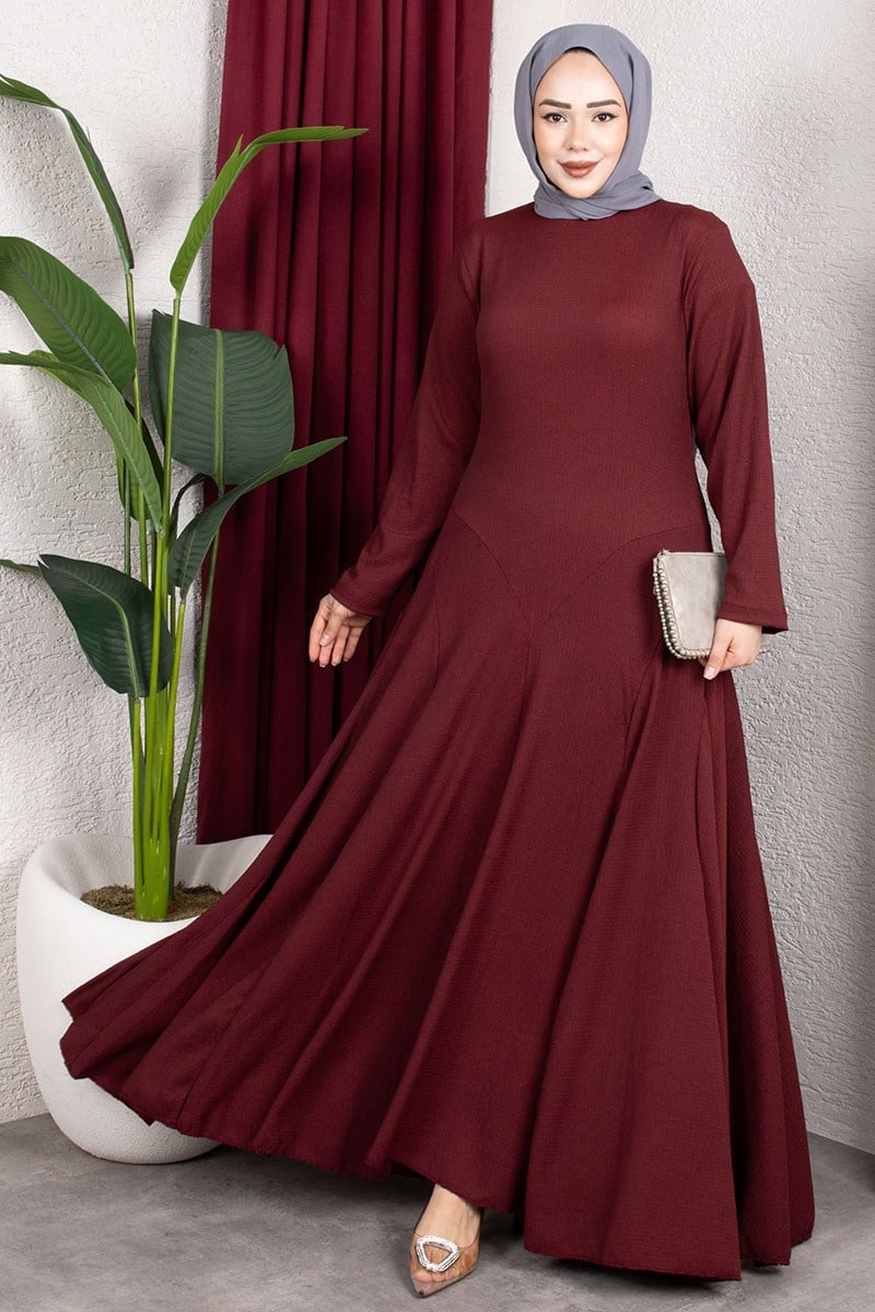 Volan Detaylı Bürümcük Elbise BORDO
