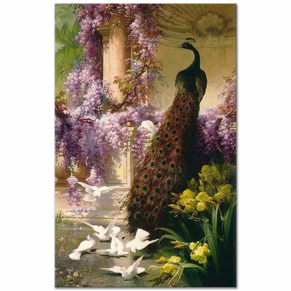Eugene Bidau Bahçede Tavus Kuşu ve Güvercinler Kanvas Tablo
