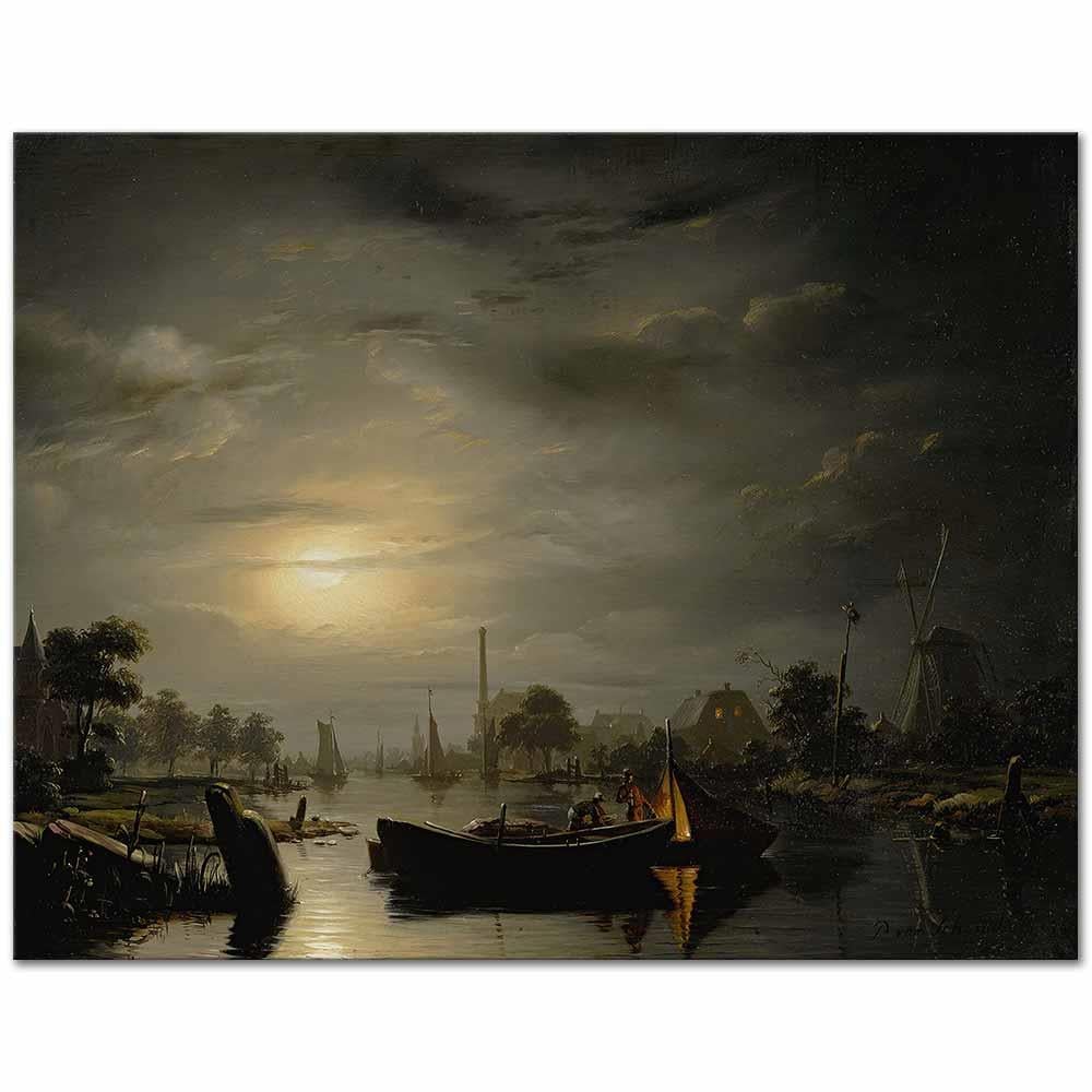 Petrus van Schendel Mehtapta Nehir Manzarası Kanvas Tablo