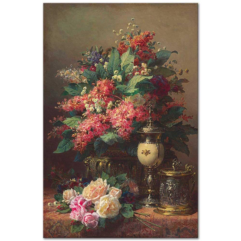 Jean Baptiste Robie Kestane Çiçekleri ve Sarmaşık Gülleri Kanvas Tablo