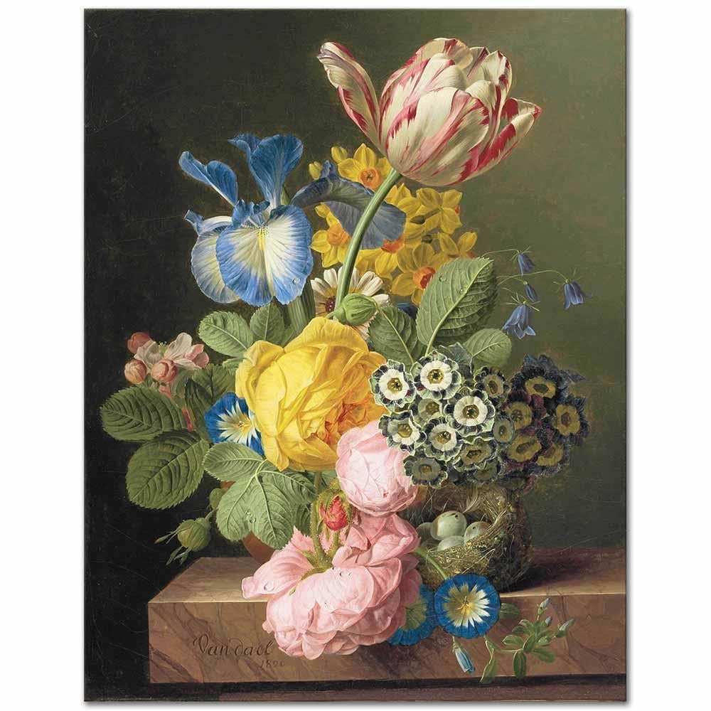 Jan Frans van Dael Vazoda Çiçekler ve Kuş Yuvası Kanvas Tablo