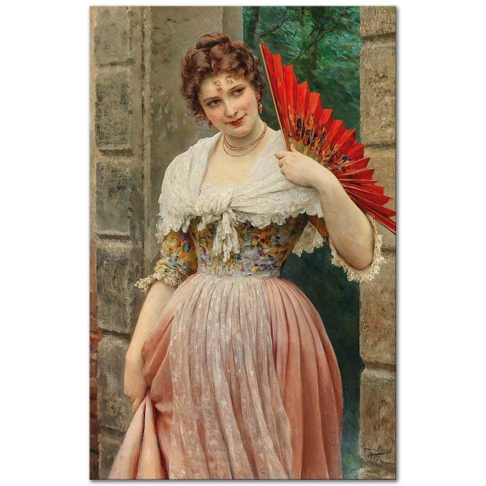Eugene de Blaas Kırmızı Yelpazeli Genç Kadın Kanvas Tablo
