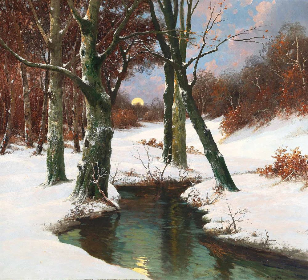 Adolf Kaufmann Winter Landscape With Rising Moon Art Print