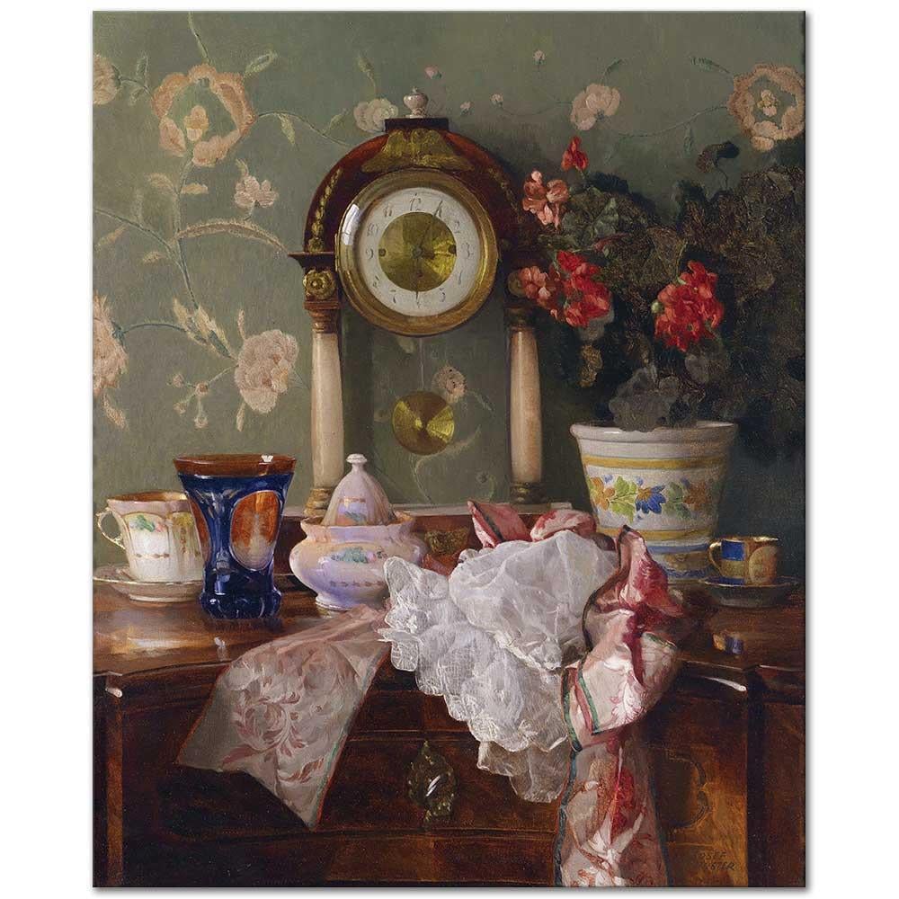 Josef Schuster Masa Saati ve Antikalarla Natürmort Kanvas Tablo