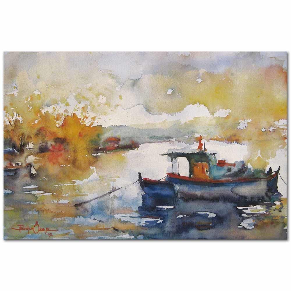 Burhan Özer Boğaz Kıyısında Tekneler Kanvas Tablo