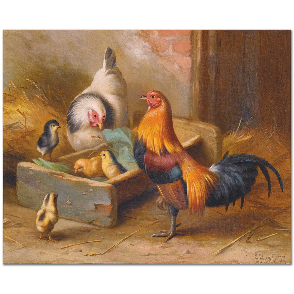 Edgar Hunt Tavuk Horoz ve Civcivler Kanvas Tablo