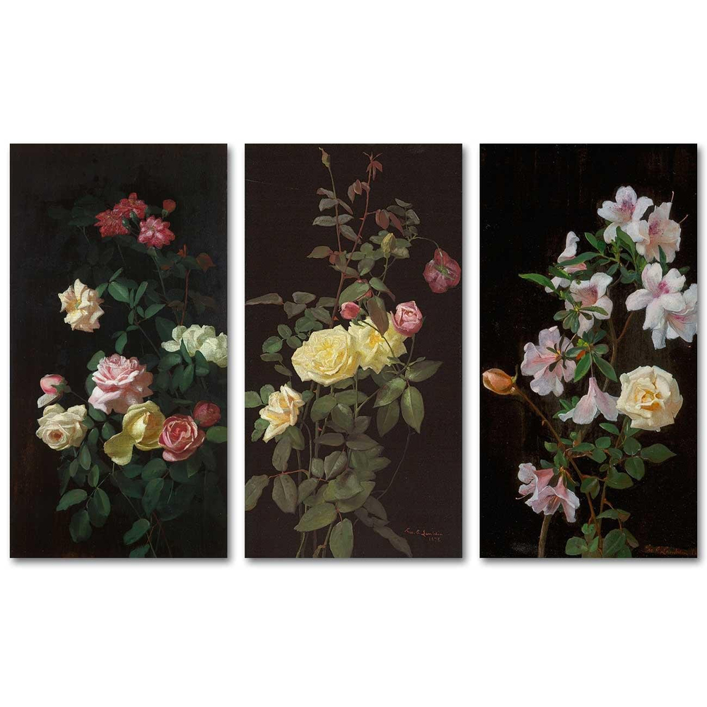 George Cochran Lambdin Güllerle Natürmort 3 Parçalı Set Kanvas Tablo