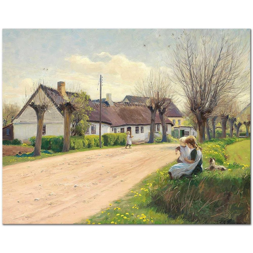 Hans Andersen Brendekilde Springtime in a Village with Girls at the Roadside Art Print