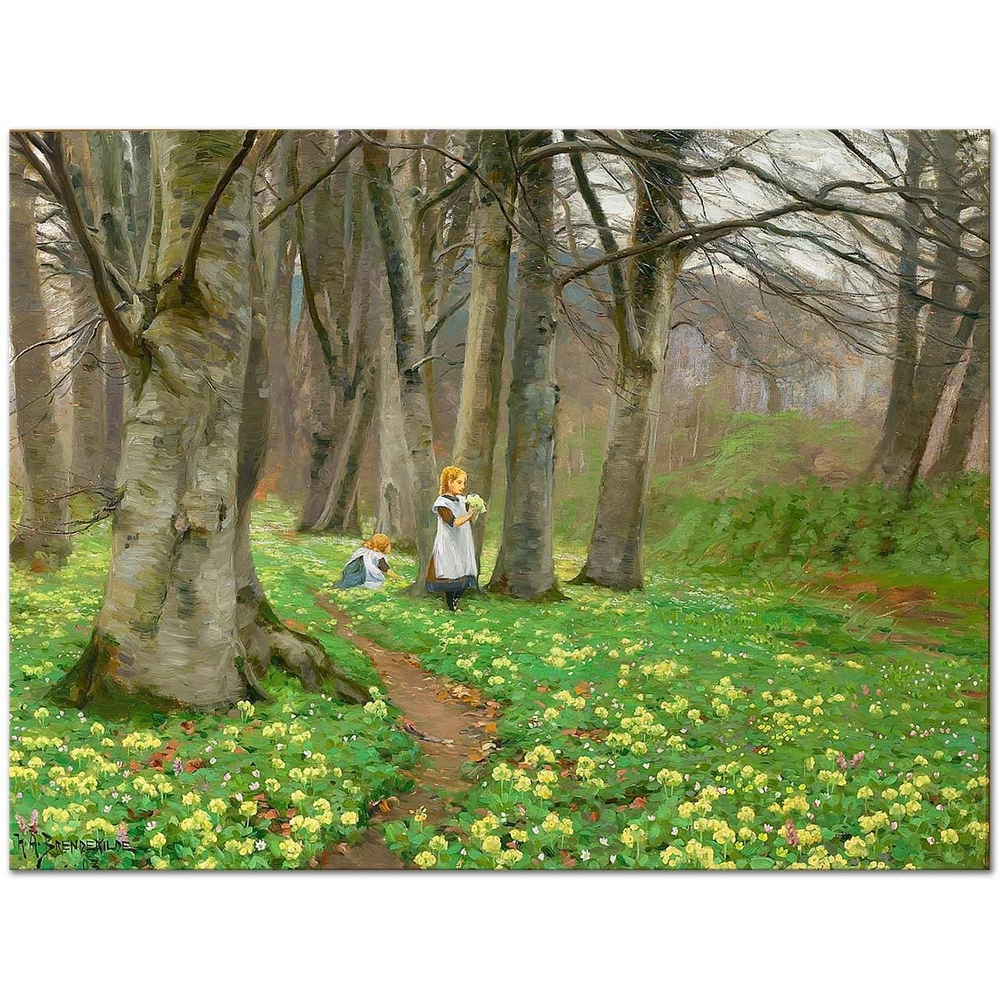 Hans Andersen Brendekilde Two Girls Picking Flowers in a Forest in Springtime Art Print