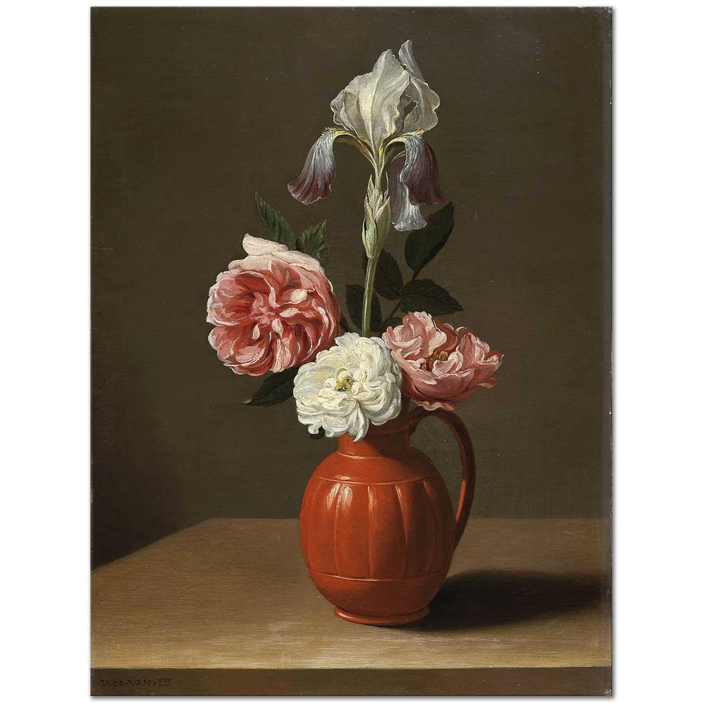 Jacob Foppens van Es Süsen ve Üç Gül Toprak Vazoda Kanvas Tablo