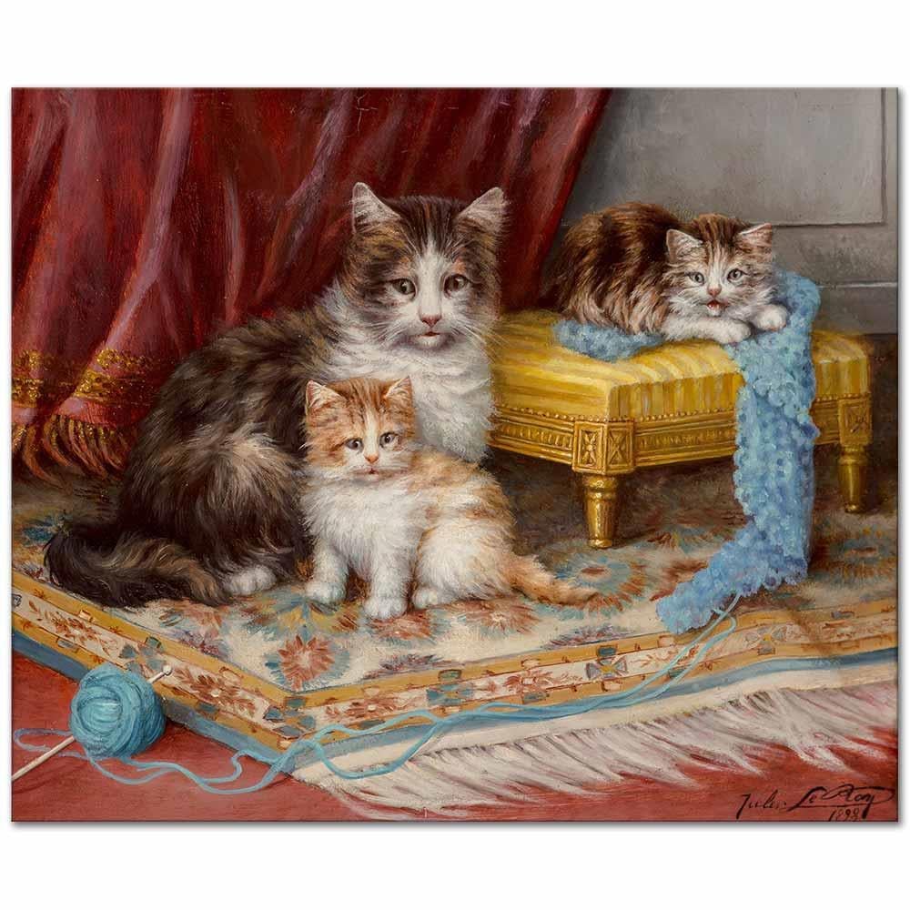 Jules Leroy Örgü Yumağı ve Kedi Yavruları Kanvas Tablo