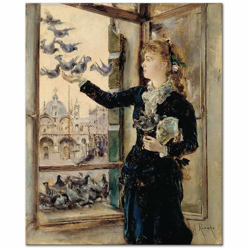 Anton Romako Markus Meydanına Bakan Pencerede Güvercinleri Besleyen Kız Kanvas Tablo