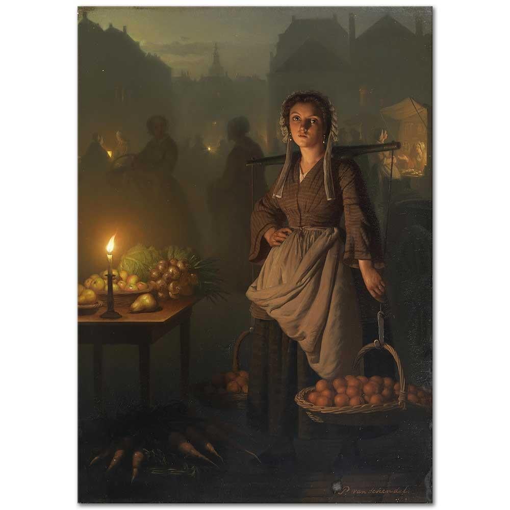 Petrus van Schendel Mum Işığında Pazar Yeri Kanvas Tablo