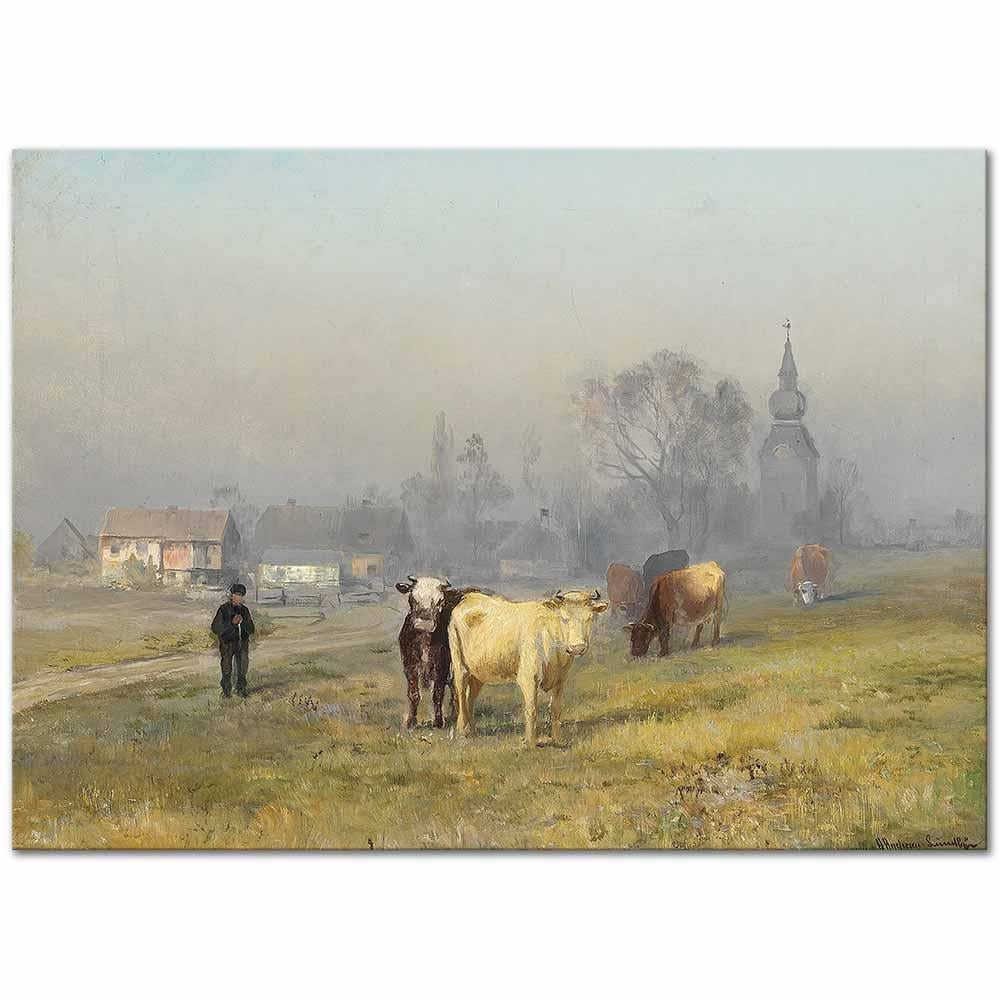 Anders Andersen-Lundby Sabah Vakti Tarlada İnekler Kanvas Tablo