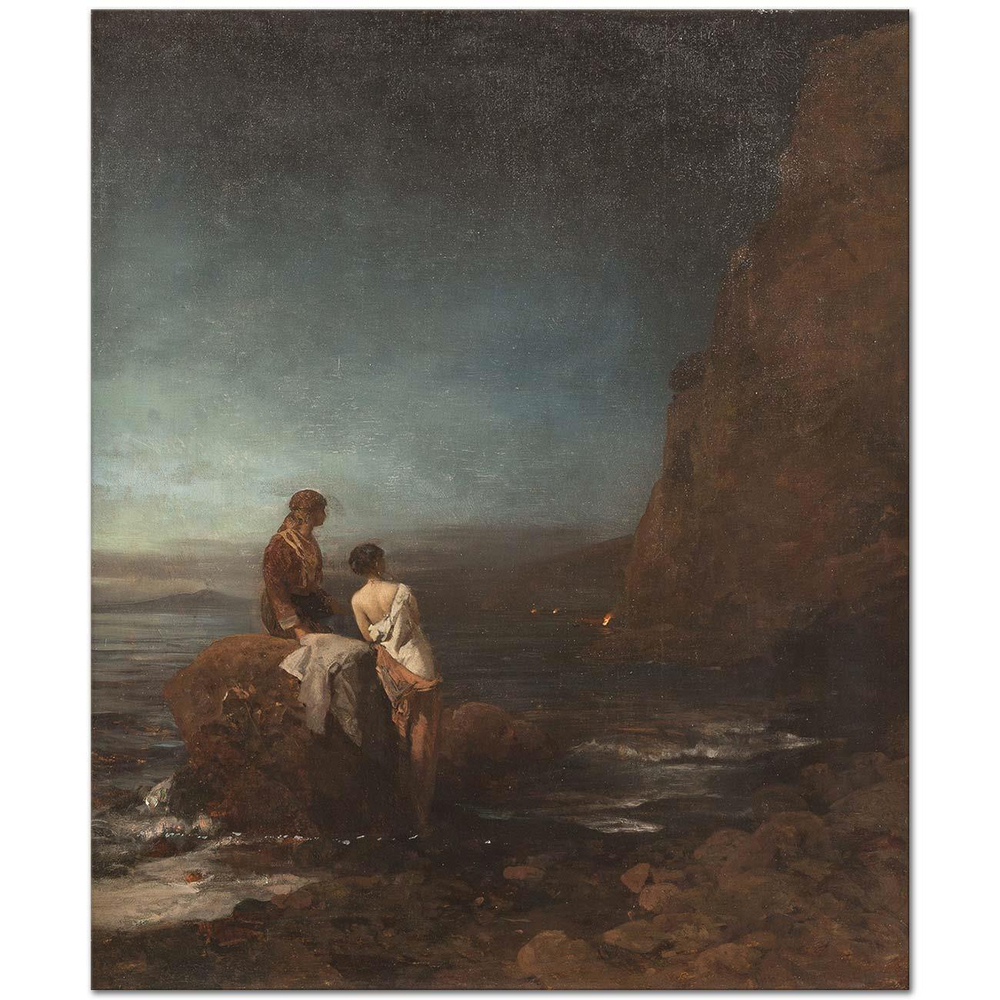 Oswald Achenbach Napoli Sahilinde Gece Kanvas Tablo