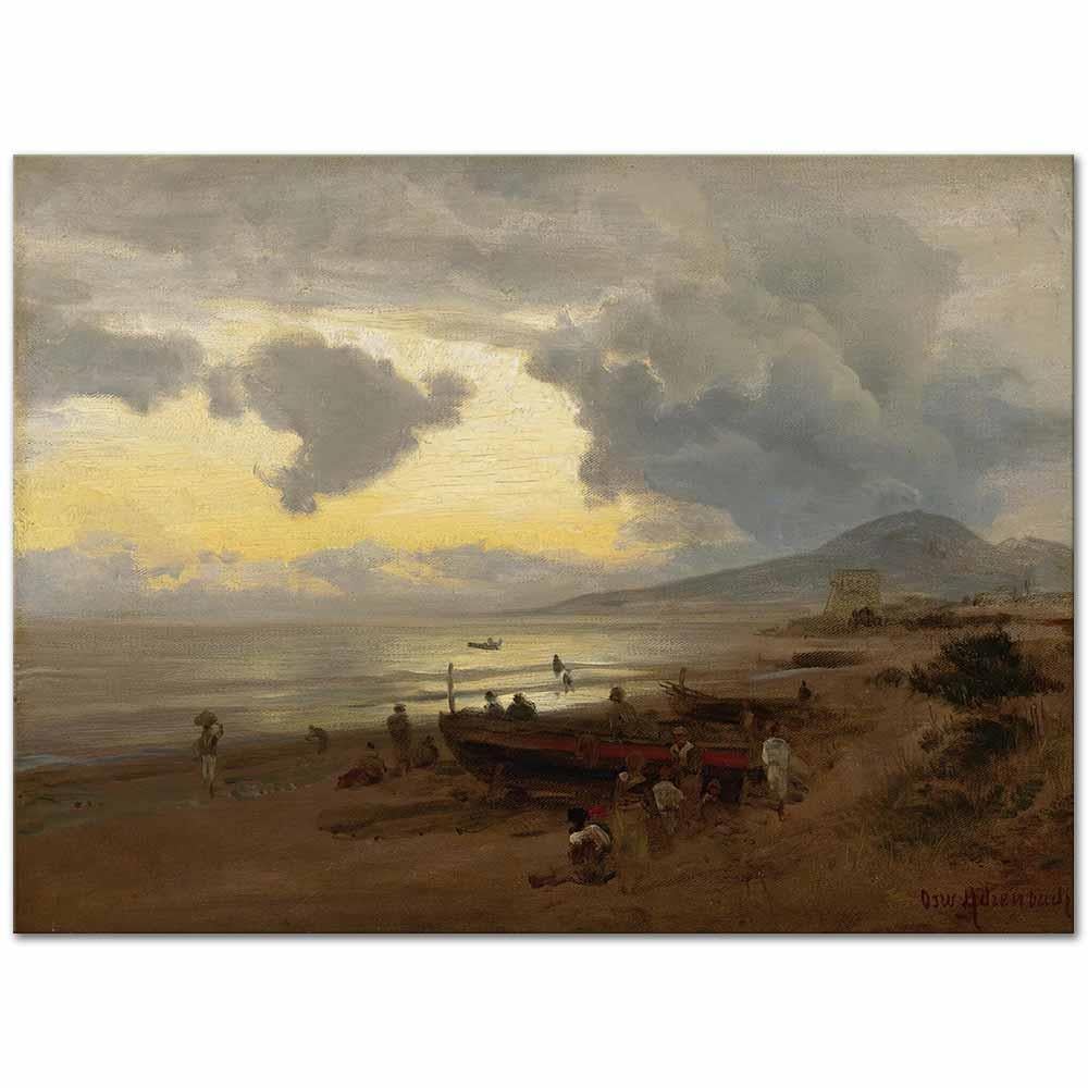 Oswald Achenbach Sahilde Gün Batımı Kanvas Tablo