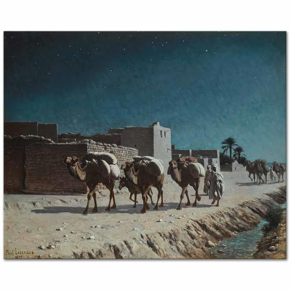 Paul Lazerges Ay Işığında Deve Kervanı Kanvas Tablo