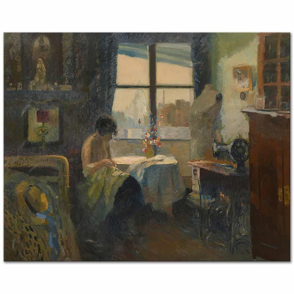 Elie Anatole Pavil Pencereden Montmartre Manzarası ve Örgü Ören Kadın Kanvas Tablo