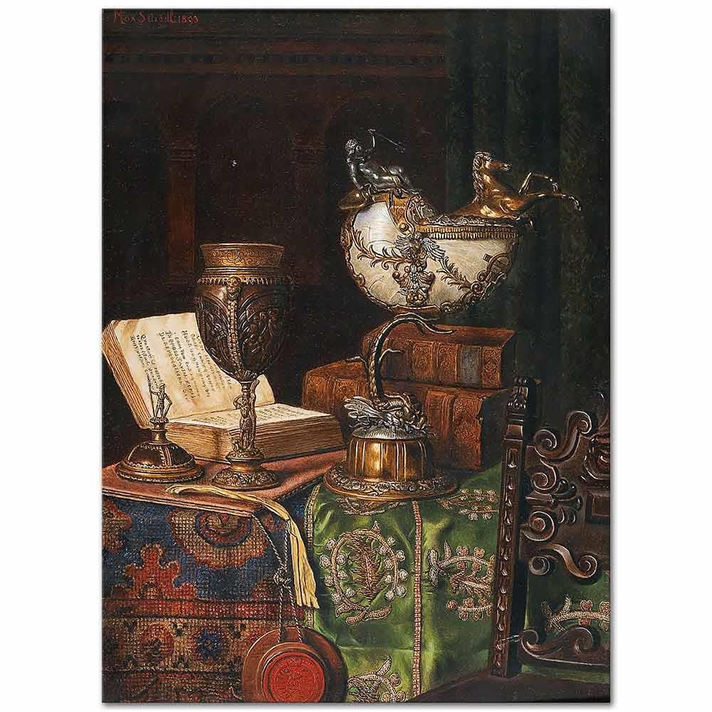 Max Schödl Nautilus Kadeh ve Kitaplar ile Natürmort Kanvas Tablo