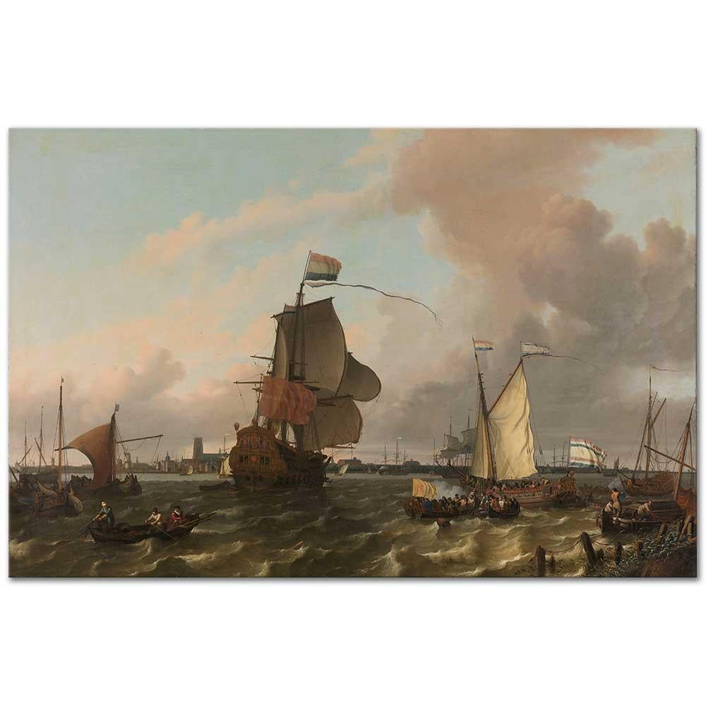 Ludolf Backhuysen Rotterdam açıklarındaki Maas Nehri üzerindeki Savaş Gemisi Brielle Kanvas Tablo