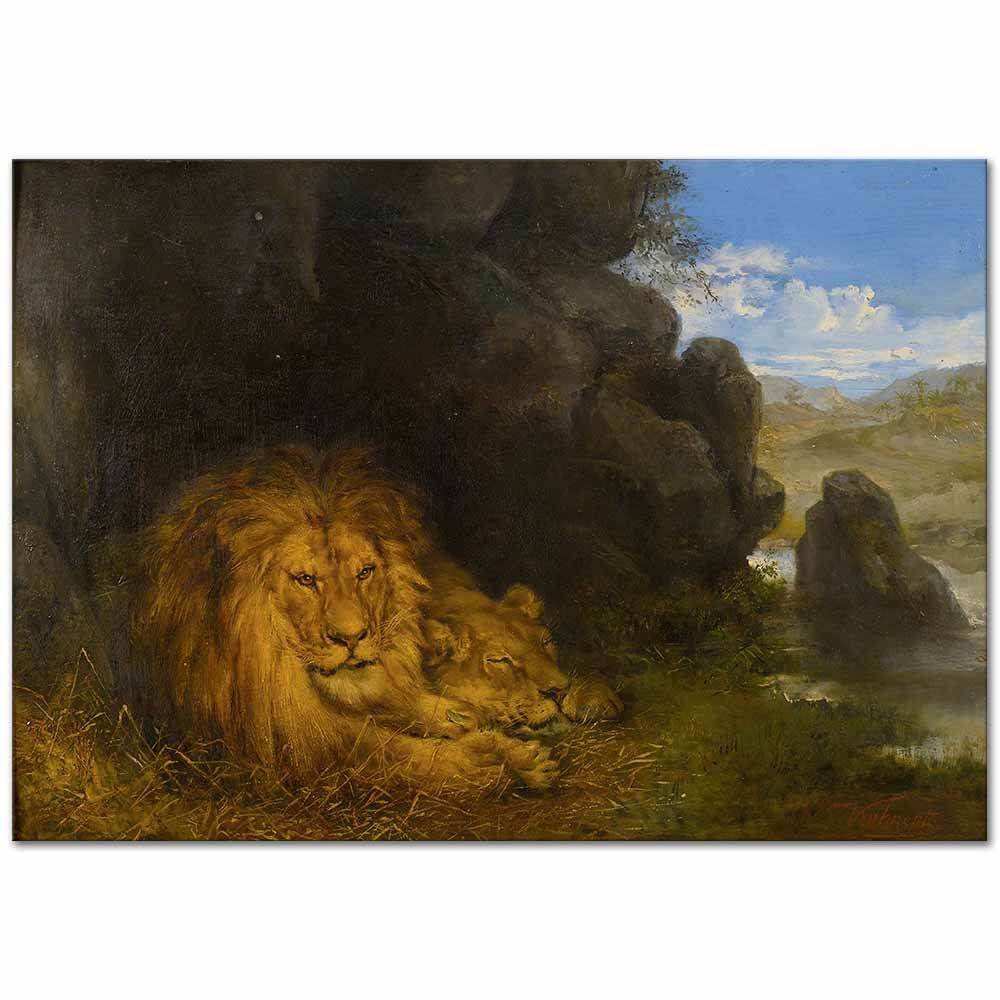 Wilhelm Kuhnert Mağarada İki Aslan Kanvas Tablo