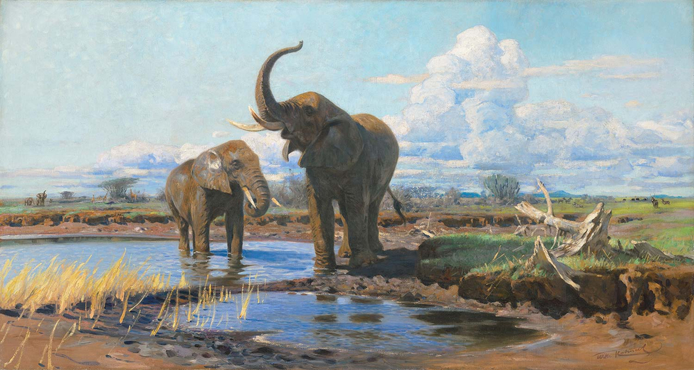 Wilhelm Kuhnert Elephants At A Waterhole Art Print
