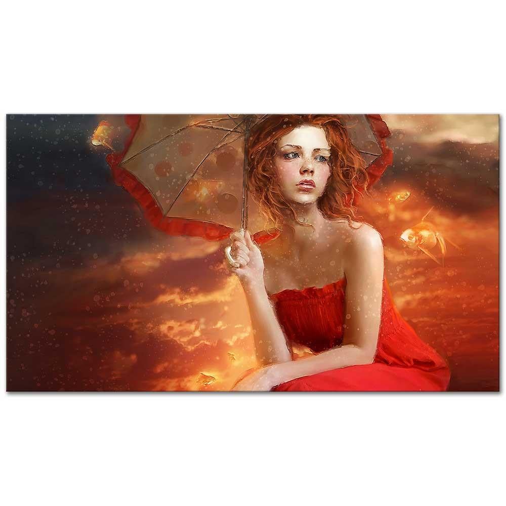 Woman in Red Dress with Umbrella as Art Print