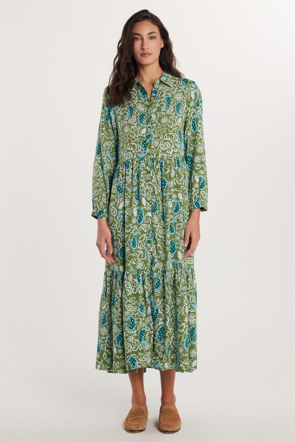 Kadın Relax Fit Rahat Kesim Uzun Kollu Düğmeli Baskılı Elbise