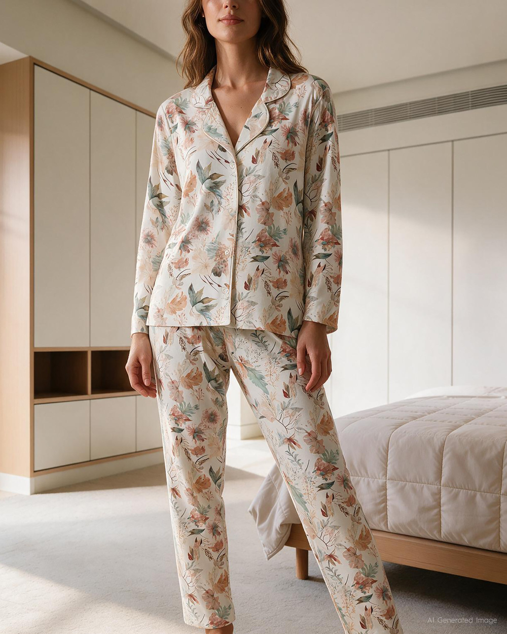 Botanik Desenli Kadın Pijama Takımı Ekru