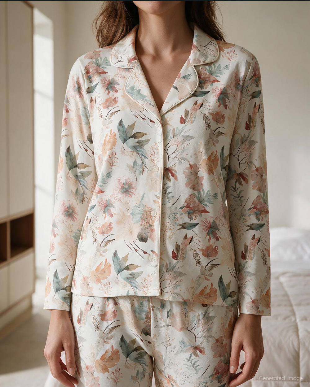 Botanik Desenli Kadın Pijama Takımı Ekru