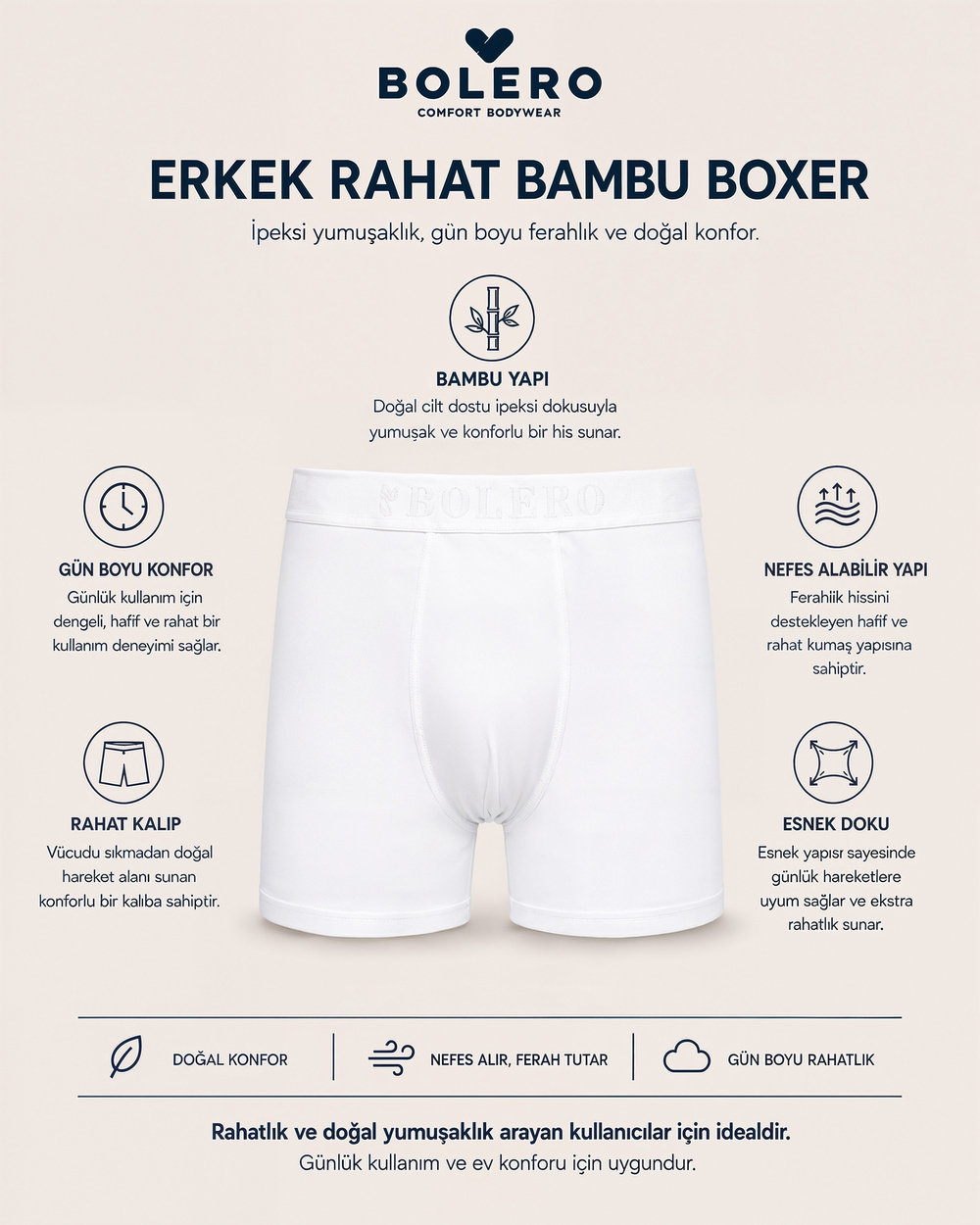 Erkek Bambu Boxer Beyaz