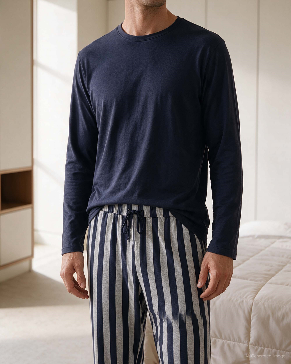 Erkek Bisiklet Yaka Uzun Kollu Pijama Takımı Lacivert